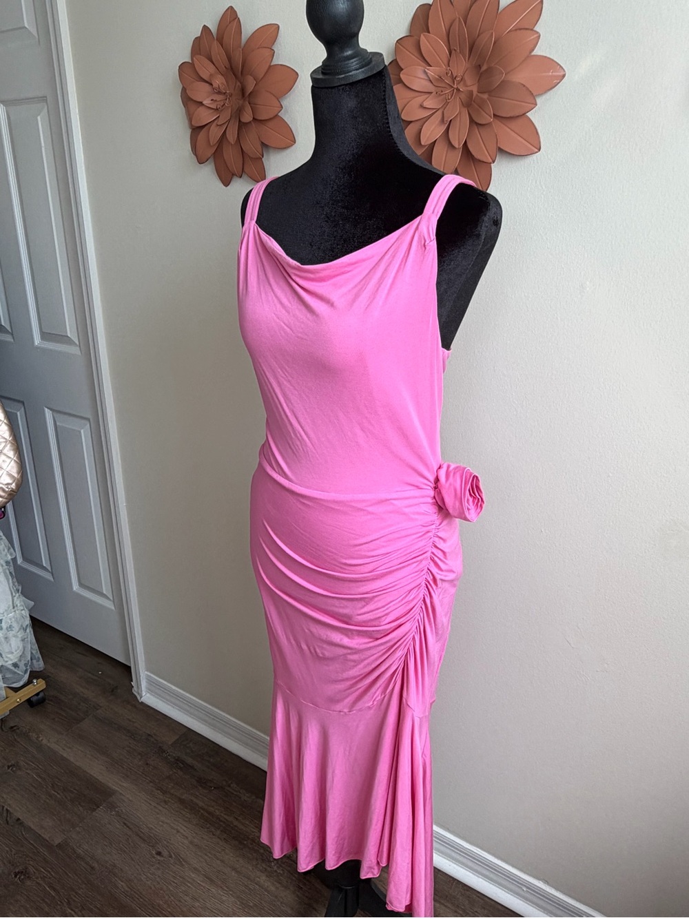 MOTF Hot Pink Fairy Rosette Ruched Maxi Dress